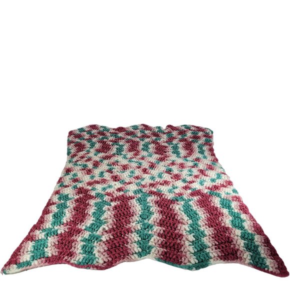 Vintage‎ Crocheted Baby Blanket Afghan 28" x 20"Green Maroon - Picture 2 of 2